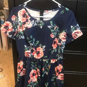 Short sleeve navy blue and pink floral maxi dress